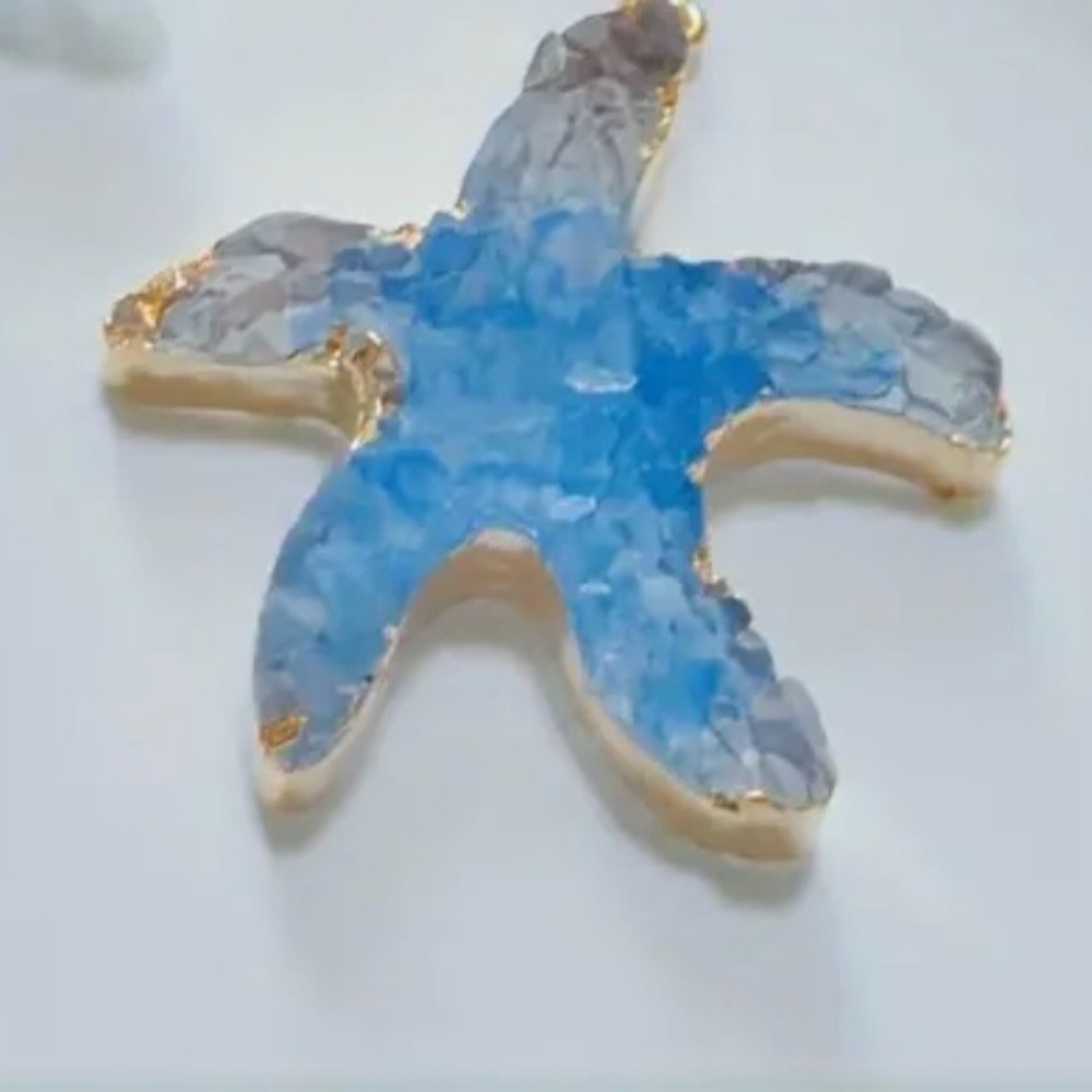 “Blue Druzy Starfish” Gold Dipped Geode Ocean Sea Marine Tropical Steel Earrings - Picture 9 of 11